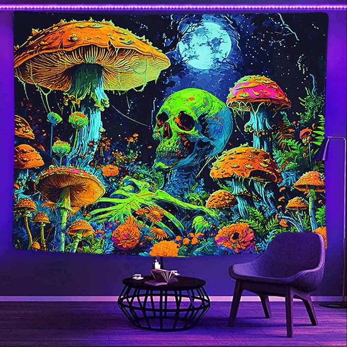 Xiaoput Blacklight Skull Tapestry, Black Light Skeleton Tapestry for Bedroom, UV Reactive Neon Gothic Tapestry for Men, Glow in Dark Trippy Forest Tapestry Wall Hanging for Home Decor,70X60IN