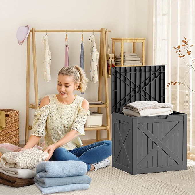 Vixzen 32 Gallon Resin Deck Box - Lockable Outdoor Storage for Patio Cushions, Garden Tools, Pool Supplies，Black