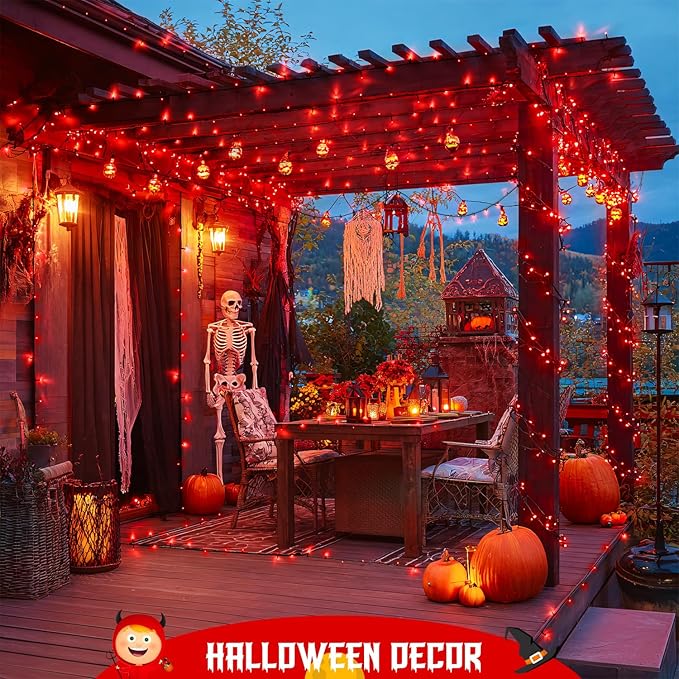 JMEXSUSS Total 200 LED Red Lights Halloween Outdoor, 2 Pack Solar Halloween Lights Outdoor Waterproof, 8 Modes Red Solar Light for Outside Christmas Tree Yard Garden Decor