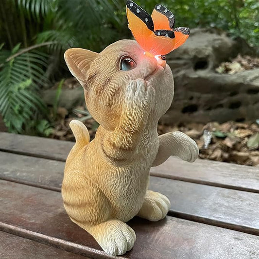 Garden Decor Solar Cat Figurines Cat Lover Gifts with LED Butterfly Lights for Indoor Outdoor Decor for Yard Garden Patio Decor Gifts for Women Grandma Mother's Day Birthday