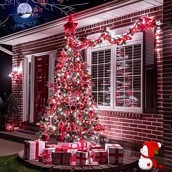 JMEXSUSS 2 Pack Red and White Solar Christmas Lights, Each 33FT 100 LED Solar String Lights Outdoor, Waterproof Solar Fairy Lights for Outside Christmas Decorations