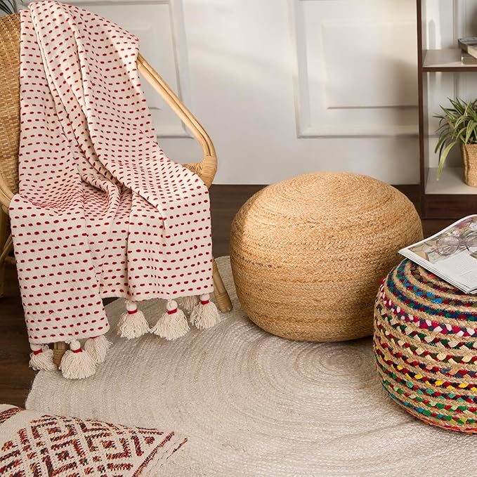 REDEARTH · Jute Circular Pouf Ottoman - Braided Pouffe Accent Sitting Round Footrest for Living Room, Bedroom, Nursery, kidsroom, Patio, Gym; 100% Jute Set of 2 (19.5"x19.5"x14"; Jute Natural)