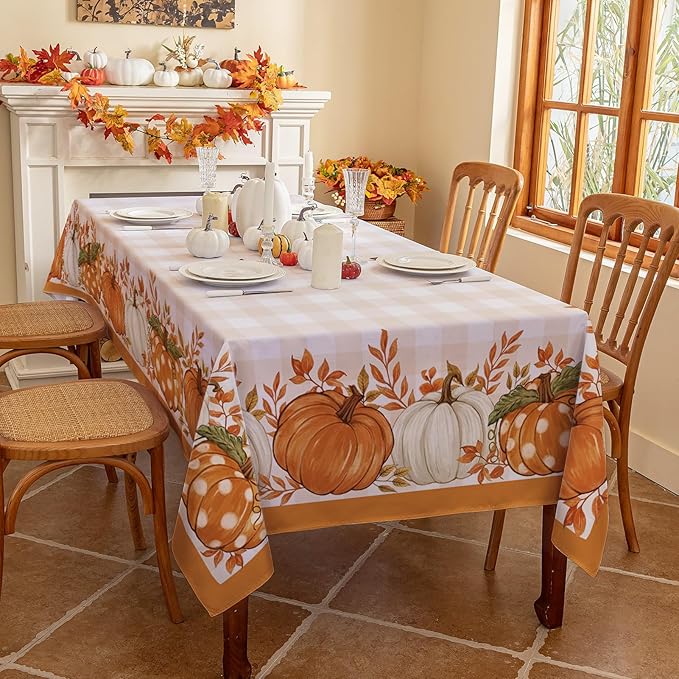 Romanstile Fall Tablecloth Rectangle, Thanksgiving Autumn Harvest Pumpkin Buffalo Plaid Table Cloth, Stain Resistant Washable Table Cover for Party/Dining/Holiday- Orange Checkered, 52x 70 Inch
