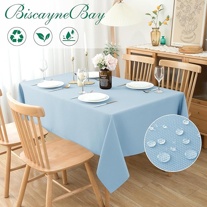 Biscaynebay Textured Fabric Tablecloths 60x84 Inches Rectangular, Light Blue Water Resistant Tablecloths for Dining, Kitchen, Wedding, Parties etc. Machine Washable