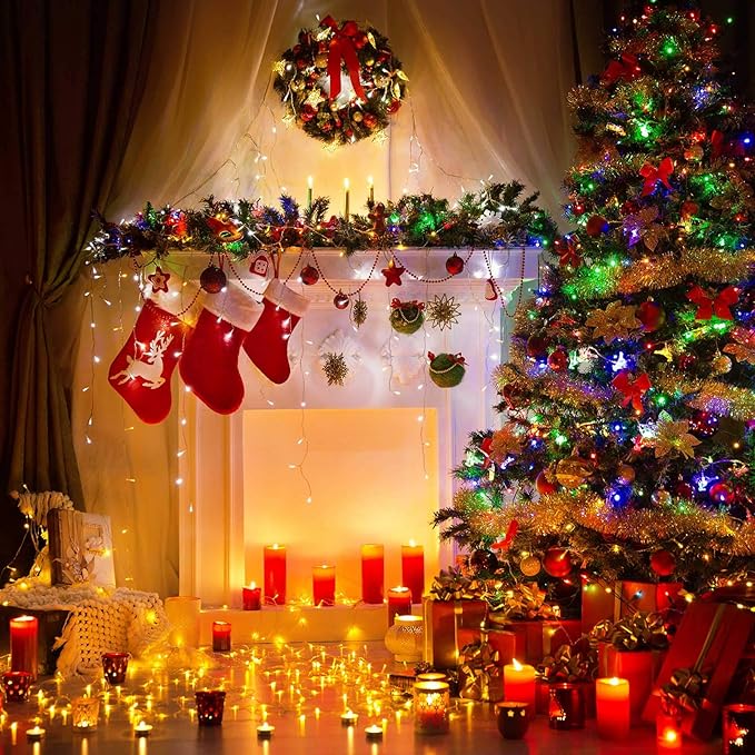 Christmas Mini String Lights Outdoor 4 Pack 17.7 Feet 50 Led 8 Modes Battery Operated Fairy Lights with Timer for Xmas Tree Indoor Holiday Party Decor, Warm White + Multicolored