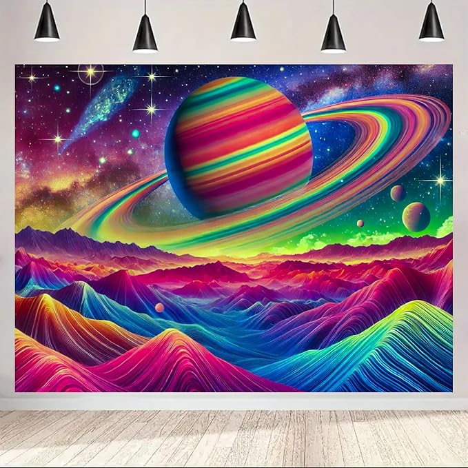 BlissYard Psychedelic Saturn Landscape UV Black Light Tapestry 78x59 Inches Art Color Neon Light Background Bedroom Living Room Wall Party Decoration Galaxy Planet Ringed Space Mountain Sci-Fi Scene