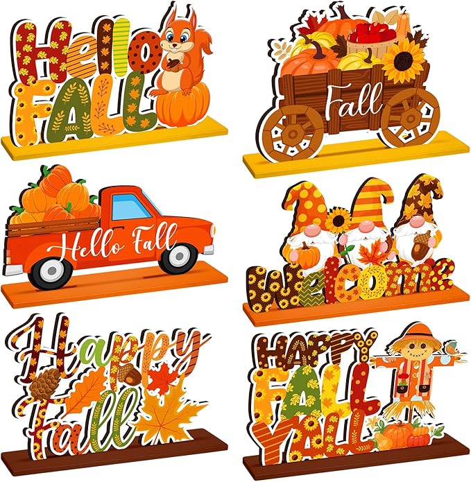 6 Pcs Fall Decorations for Home Fall Table Centerpiece Hello Autumn Wooden Table Sign Pumpkin Gnome Truck Gnome Wood Tabletop Decor Autumn Harvest Party Decorations for Home, 6 Styles