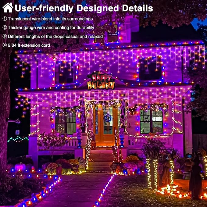 33ft Halloween Lights Outdoor, 400 LED Icicle Lights for Outside, Orange and Purple Twinkle Christmas Light with Connectable Clear Wire 8 Modes Timer Waterproof for House Party Tree Holiday Yard Decor