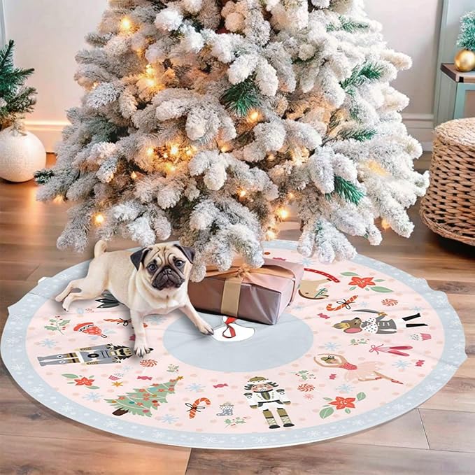 36" Cute Nutcracker Christmas Tree Skirt, Pink Sweet Candy Snowflakes Tree Mat Base Cover for Xmas Festive Holiday Party Decoration Ornaments