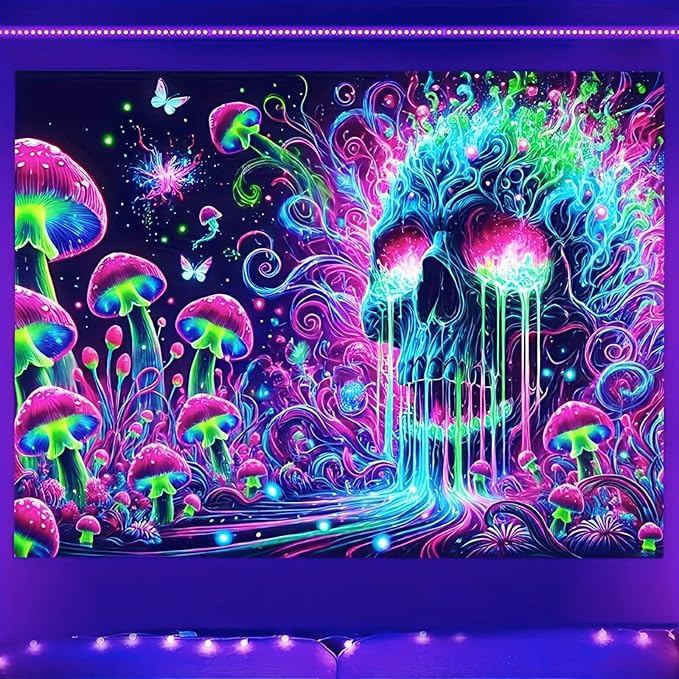 BlissYard Glowing Tapestry Blacklight Skull Tapestry 78x59 Inch Psychedelic Skull Mushroom UV Reactive Neon Mushroom Galaxy Space Tapestry Wall Hanging for Living Room Bedroom Party Backdrop Decor