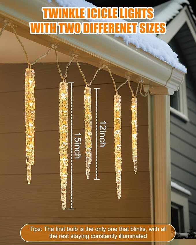 Minetom Icicle Lights Outdoor with Clips, 2 Pack Total 40ft 200 LED 40 Tubes Twinkling Ice Shape String Lights, Connectable Hanging Christmas Lights Plug in for Eave Holiday Outdoor, Warm White