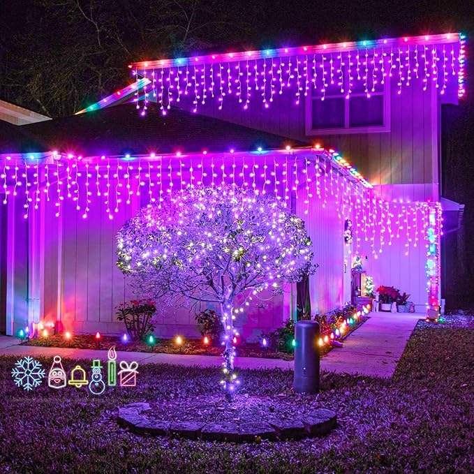 33ft Purple Halloween Lights Outdoor, 400 LED Icicle Lights for Outside Indoor Twinkle Christmas Light with Connectable Clear Wire 8 Modes Timer Waterproof for House Party Tree Holiday Yard Decoration