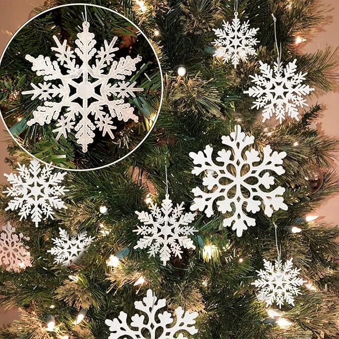 36pcs Snowflakes-Christmas Tree Decorations, Snowflake Ornaments for Tree, Plastic Glitter White Snow Flakes Ornaments, Christmas Indoor Winter Wonderland Decor