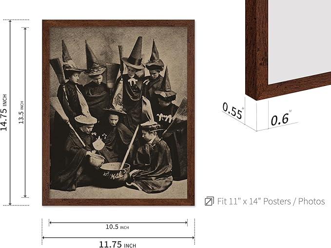 Poster Master Vintage Photograph Poster - Retro Halloween Print - Gift for Artist, Friend - Witches Cooking, Pointy Hats, Broomsticks, Black Magic - Wall Decor for Bedroom, 11x14 Brown Framed