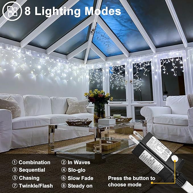 White Christmas Lights Outdoor - 33ft 400 LED Icicle Lights for Outside House, Twinkle Outside Lights Plug in 8 Modes Timer Waterproof for Patio Window Holiday Wedding Party Pathway Indoor Decorations