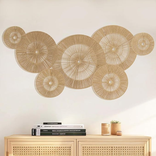 Mokof 7 Pack Boho Wall Decor Round Baskets Set (Small 7" to Largest 17") - Handwoven Large Wall Hanging Art for Bedroom, Living Room, Home Office