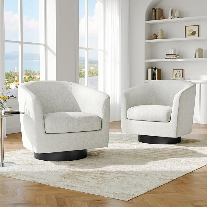 Swivel Barrel Accent Chair, Modern Round Chenille Fabric Arm Chair for Living Room, Bedroom, Comfy Club Reading Chairs for Adults（Chenille Fabric, Beige, Set of 2