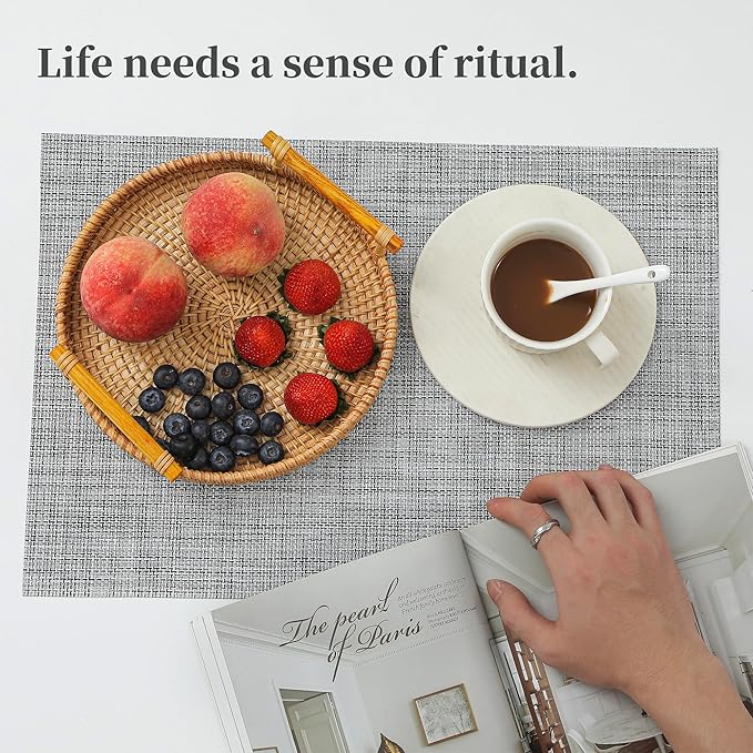 Leetaltree Linen Grey Placemats Set of 6 - Heat Resistant Non-Slip Place mats for Dining Table, Washable Durable PVC Vinyl Woven Table Mats（Linen Grey, 6）