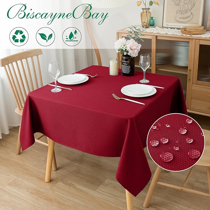 Biscaynebay Textured Fabric Christmas Square Tablecloths 54x54 Inches, Red Water Resistant Spill Proof Tablecloths for Dining, Kitchen, Wedding and Parties, Machine Washable