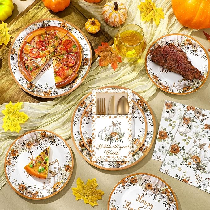 264 Pcs Thanksgiving Plates Napkins Disposable Cutlery Holder Set Thanksgiving Centerpieces for Table Decoration Dinner Autumn Leaves Fall Harvest Wedding Decoration