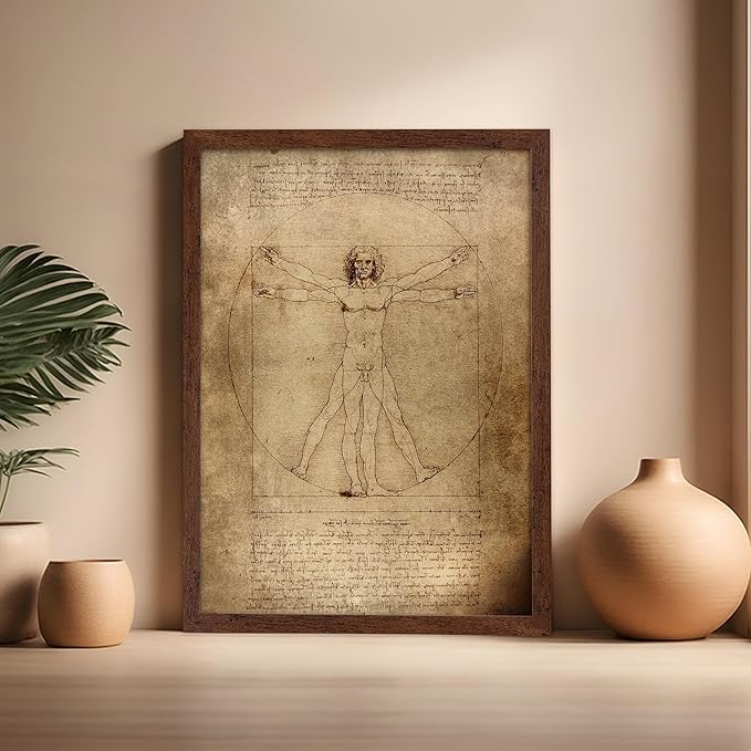 Poster Master Classic Leonardo Da Vinci Poster - Vintage Renaissance Print - Gift for Artist, Friend - Vitruvian Man, Proportion, Symmetry, Human Body - Wall Decor for Office, 16x20 Brown Framed