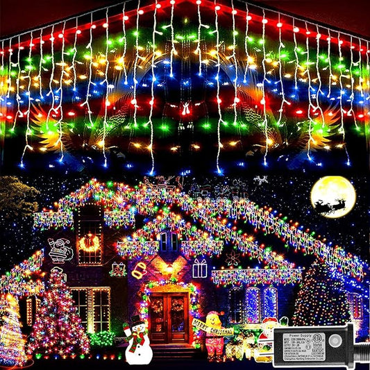 KNONEW 99ft 1216 LED Christmas Lights Outdoor 8 Modes Curtain Fairy String Light with 228 Drops, Clear Wire LED String Light Decor for Wedding Party Christmas Decorations(Multicolor)