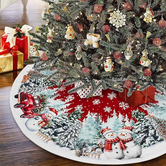 Christmas Tree Skirt 36 Inch, Red Snowman Trucker Xmas Tree Skirts, Winter Christmas Trees Mat for Home Party Holiday Indoor Outdoor Decorations