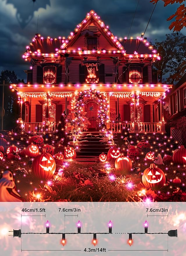 2 Pack Halloween Mini Lights, 13 Feet 50 Count Totally 100 Count Incandescent Mini String Lights, Connectable Halloween Light for Haunted House Party Holiday Window Indoor Decoration, Orange & Purple
