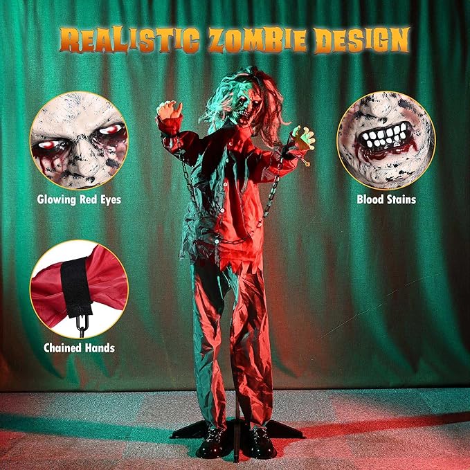 AW Animated Halloween Decorations,Scary Zombie Props 5.5 Ft Full Life Size with Motion/Sound Activated Glowing Eyes Horror Party Haunted House Outdoor Indoor Decorations 2025