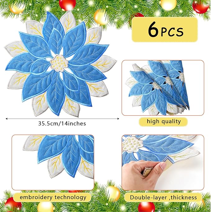 Tudomro 6 Pcs Holiday Embroidered Double Layer Placemats - Blue Glitter Applique Poinsettia Christmas Flower Placemats for Dining Table Decoration