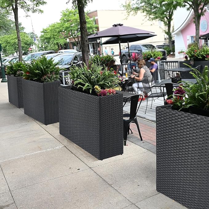 LEWIS&WAYNE Large Rectangular Block Planter Box Handmade Wicker Tall Planters for Outdoor Plants with Removable Liners Modern Planter for Indoor Outdoor Patio Deck - Black, 32''x11''x24''