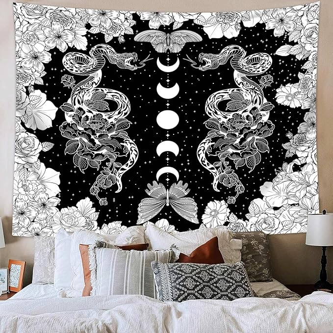 dueeia Moon Phase Witchy Tapestry Wall Hanging Snake Witch Occult Black and White Dark Tapestries for Bedroom Aesthetic Living Room Wall Decor (90.6"x70.9")