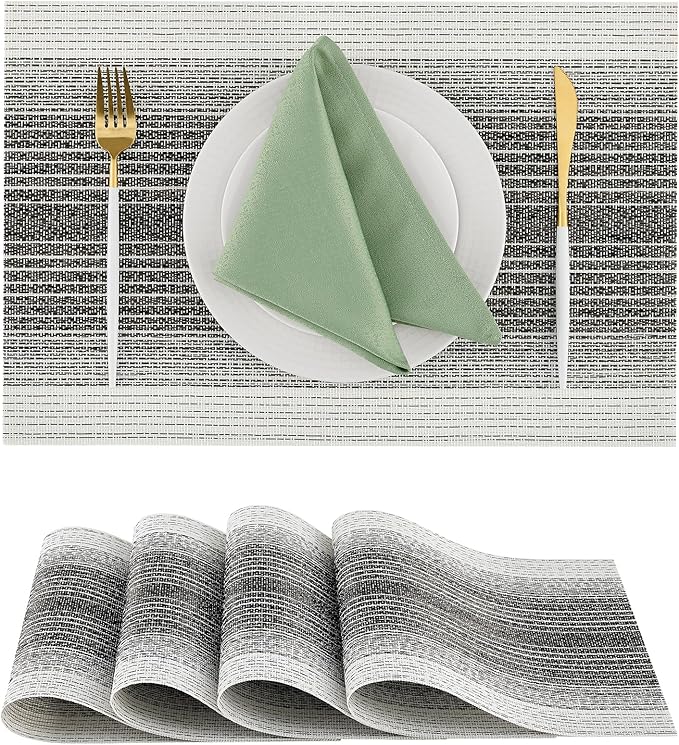 Leetaltree Black with White Woven Placemats Set of 4 - Heat Resistant Non-Slip Place mats for Dining Table, Washable Durable PVC Vinyl Woven Table Mats(Black with White, 4)
