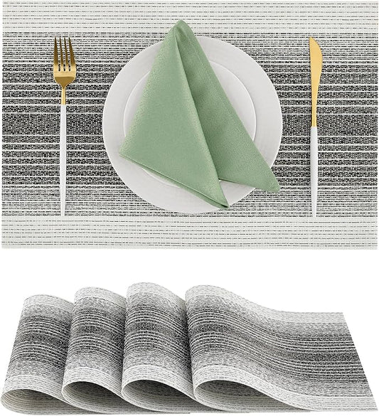 Leetaltree Black with White Woven Placemats Set of 4 - Heat Resistant Non-Slip Place mats for Dining Table, Washable Durable PVC Vinyl Woven Table Mats(Black with White, 4)