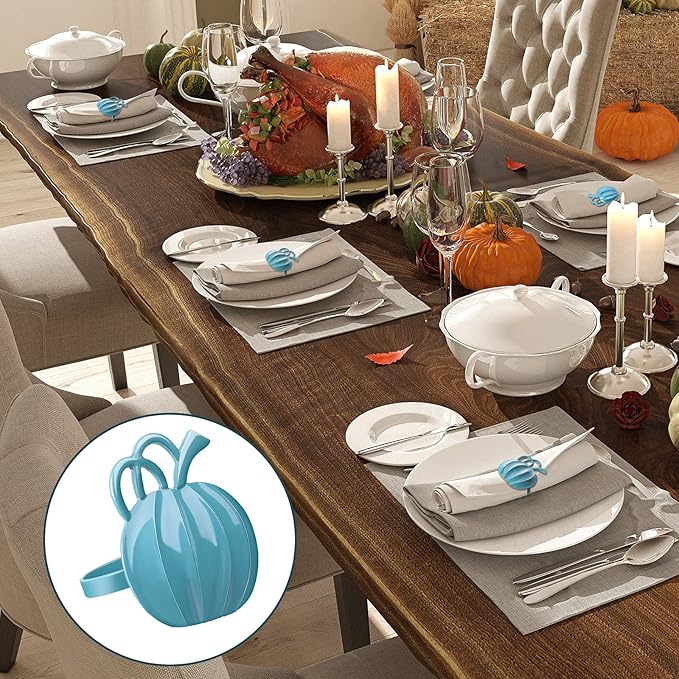 Patelai 12 Pieces Pumpkin Napkin Rings Fall Napkin Holders Thanksgiving Halloween Dinner Tables Rings for Thanksgiving Dinner Party Weddings Family Gatherings (Blue)
