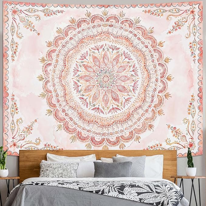Fowocu Boho Floral Mandala Tapestry Wall Hanging Pink Bohemian Flower Medallion Tapestry Aesthetic Watercolor Hippie Indian Large Tapestries for Bedroom Living Room Dorm Decor 80 x 60 Inch