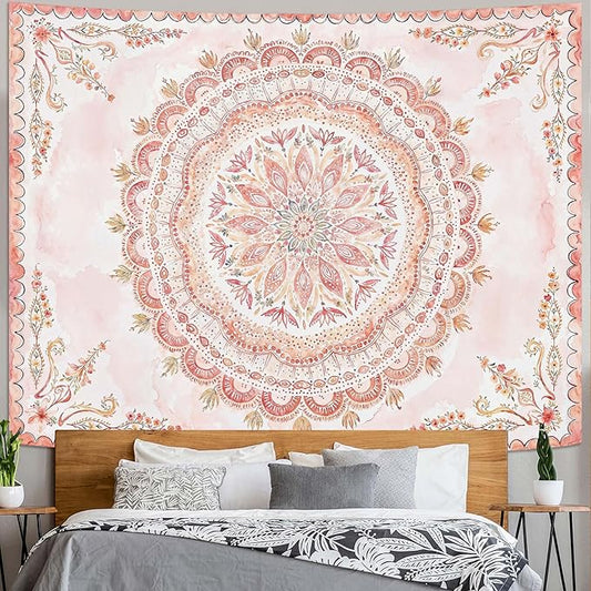 Fowocu Boho Floral Mandala Tapestry Wall Hanging Pink Bohemian Flower Medallion Tapestry Aesthetic Watercolor Hippie Indian Large Tapestries for Bedroom Living Room Dorm Decor 80 x 60 Inch