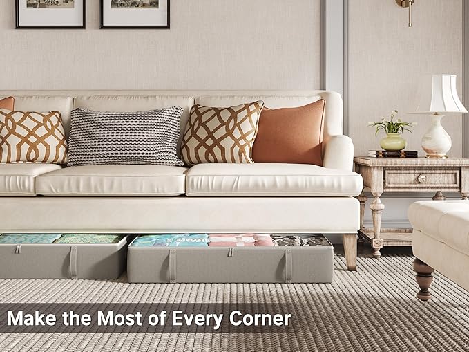 2-Pack Under Bed Storage Containers, 8 Inches Tall Underbed Clothes Storage Organizer Bin with Sturdy Sidewalls/Bottom, Under the Bed Storage Bags 2 Storage Bins, Light Grey