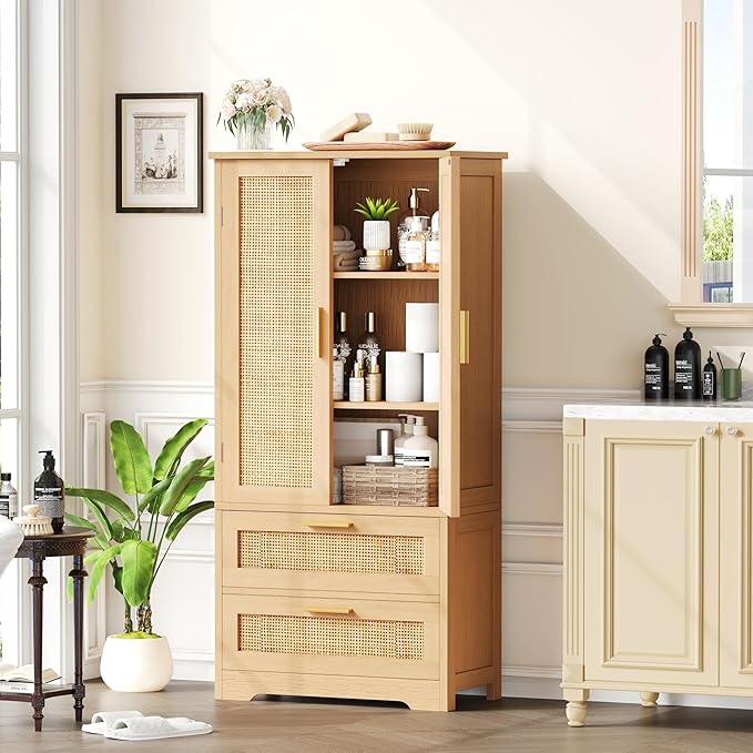 50.4" H Bathroom Storage Cabinet, Modern Floor Cabinet with Adjustable Shelf, Small Pantry with 2 Doors & Drawers, Storage Cabinet for Bathroom, Living Room, Kitchen, Natural KES007MCWG