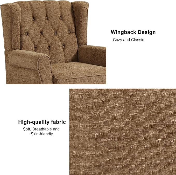 Accent Chair, Upholstered Armchair with Button Tufted High Back & Solid Wood Legs, Comfy Wingback Reading Single Sofa Chair for Small Spaces, Living Room, Bedroom (Brown, Set of 2)