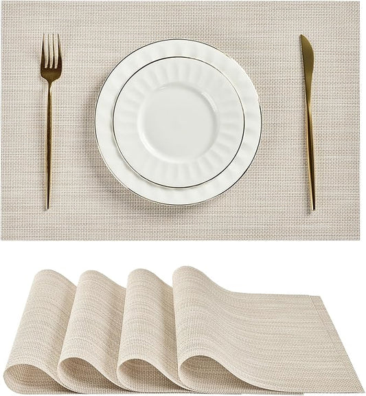 Leetaltree Beige White Placemats Set of 4 - Heat Resistant Non-Slip Place mats for Dining Table, Washable Durable PVC Vinyl Woven Table Mats（Beige White, 4）