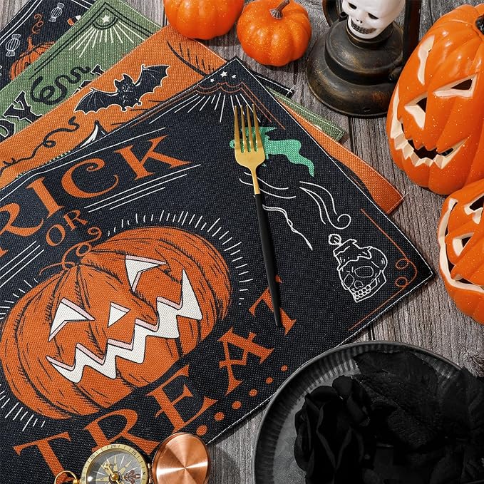 4Pcs Halloween Placemats Pumpkin Bat Black Cat Skeleton Table Mat Vintage Decorative Place Mats for Party Table Setting Decor, 12 x 18 Inch