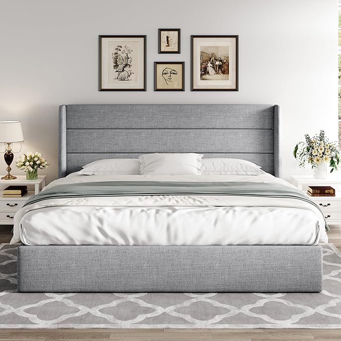 Allewie King Size Lift Up Storage Bed, Modern Wingback Headboard, Hydraulic Support, No Box Spring Needed, Light Grey