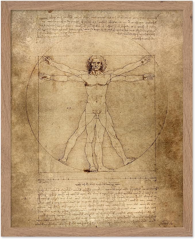 Poster Master Classic Leonardo Da Vinci Poster - Vintage Renaissance Print - Gift for Artist, Friend - Vitruvian Man, Proportion, Symmetry, Human Body - Wall Decor for Office, 16x20 Beige Framed