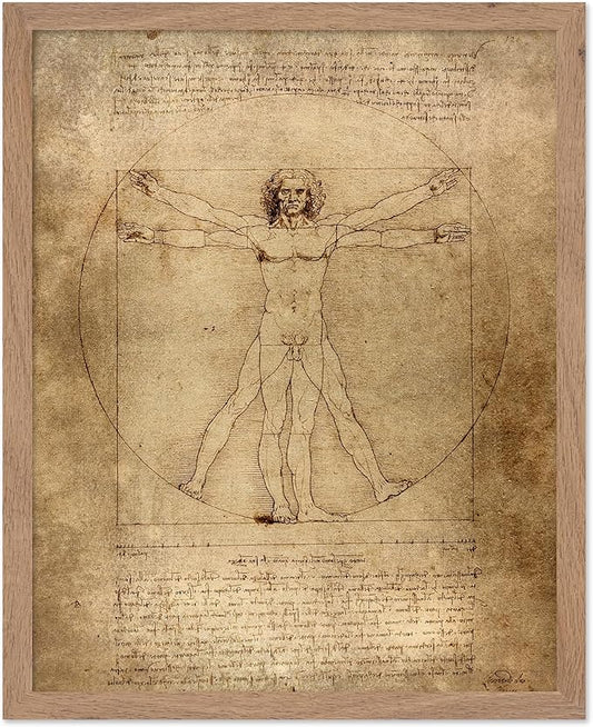Poster Master Classic Leonardo Da Vinci Poster - Vintage Renaissance Print - Gift for Artist, Friend - Vitruvian Man, Proportion, Symmetry, Human Body - Wall Decor for Office, 16x20 Beige Framed