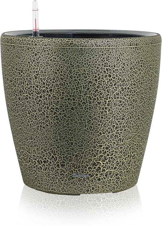 Dexceder 13x12 Self Watering Planter with Wheels Indoor Outdoor, Inner Pot Design, Thickened Large Floor Standing Flower Plant Pot with Water Level Indicator (Black Gold Crackle)