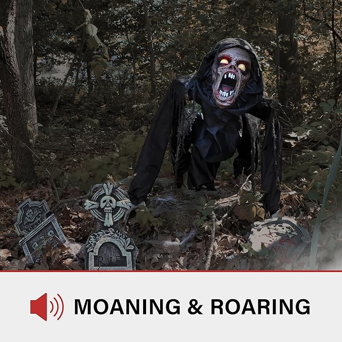 Haunted Hill Farm Scary Crouching Zombie, Halloween Animatronic with Touch Activated Lights and Sounds, Battery Operated Indoor or Covered Outdoor Halloween Decorations, Creepy Halloween Props