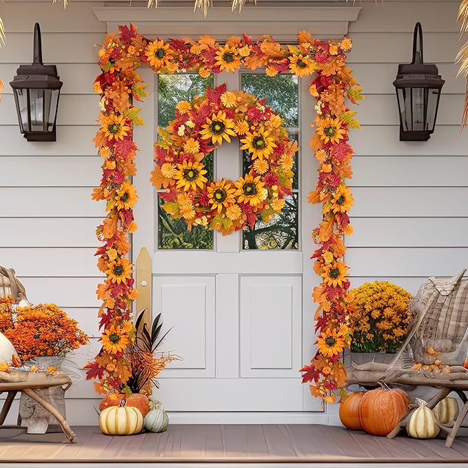 GENMOUS 6ft Fall Maple Leaves Garland, Artificial Sunflower Autumn Wreath with Small Pumpkins Home Decor for Thanksgiving, Halloween, Wedding, Fireplace Porch Indoor Outdoor Fall Decoration