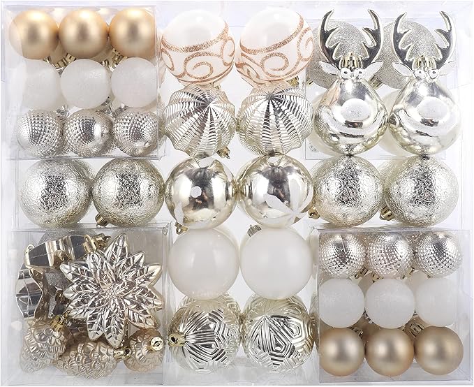 100-Pack Various Shatterproof Christmas Balls, Christmas Decorative Ball Ornaments for Xmas Tree- Champagne Gold