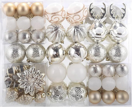 100-Pack Various Shatterproof Christmas Balls, Christmas Decorative Ball Ornaments for Xmas Tree- Champagne Gold